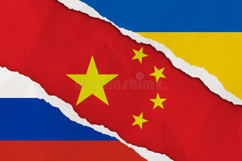 Ukraine, Russia, China flag ripped paper grunge background.