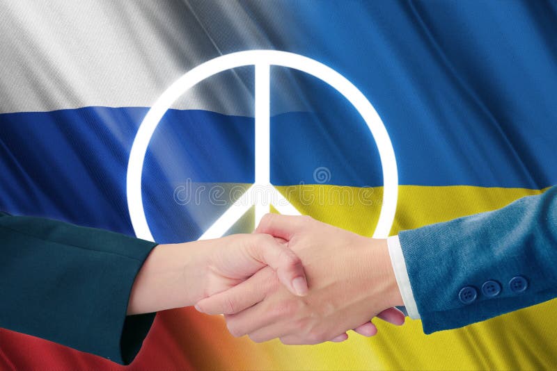 ukraine russia end of the war, peace in the world,the flags of russian and ukrainian negotiation each other for a peace treaty, negotiation conflict resolution. ukraine russia end of the war, peace in the world,the flags of russian and ukrainian negotiation each other for a peace treaty, negotiation conflict resolution