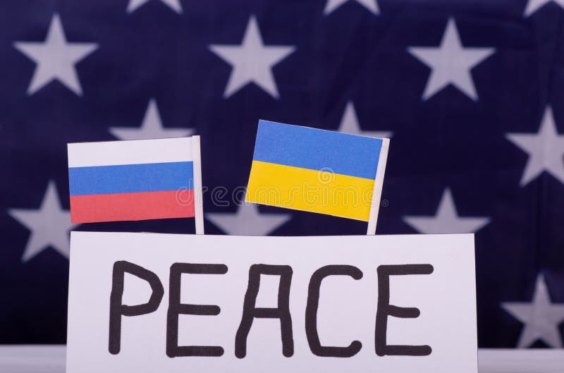 Ukraine and Russia two flags together with PEACE sign on USA flag background.