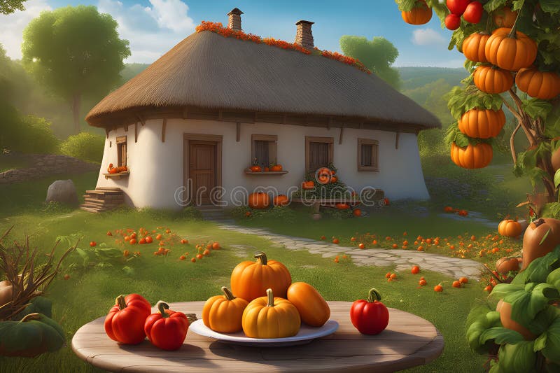 1950 ukrainian country near a small rural house with a thatched roof there are pumpkins eggplant gen ai