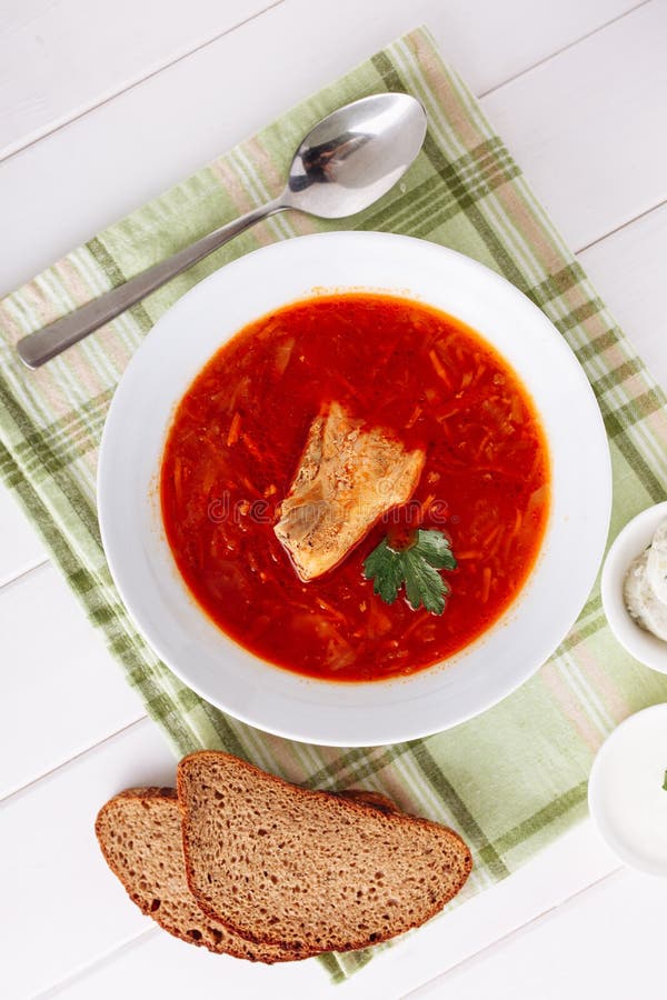 Ukrainian Pork Borscht Bowl Beetroot Top Flat Lay stock images