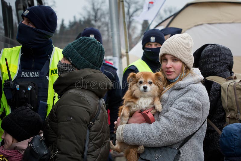 Ukrainian refugees at the Medyka border crossing in Poland