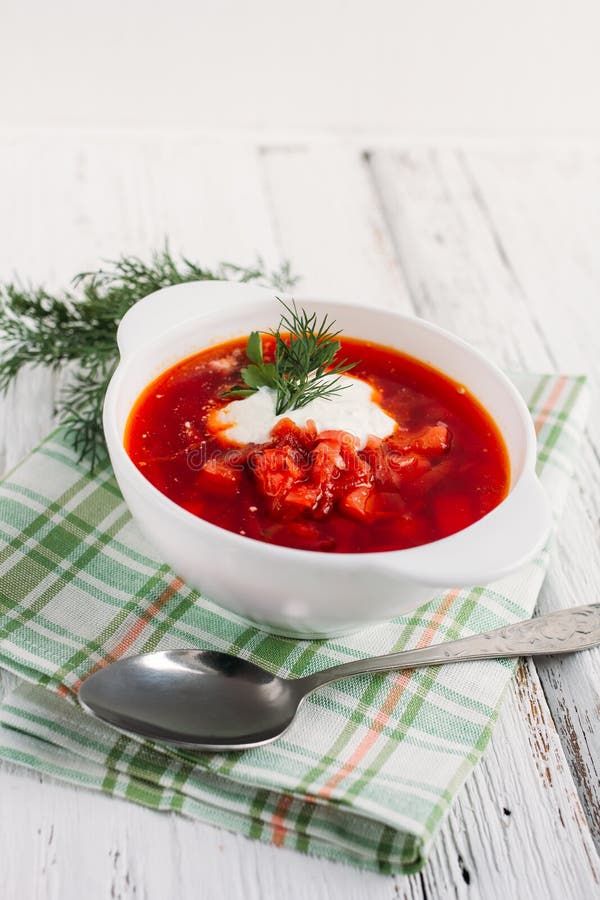 Ukrainian And Russian National Red Soup Borsch With Sour Cream Stock ...