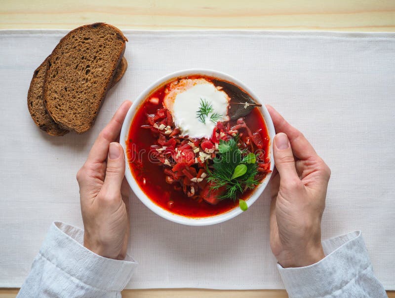 Ukrainian Traditional Borsch. Russian Vegetarian Red Soup In White Bowl ...