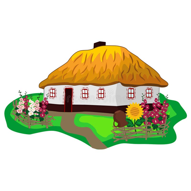 Ukrainskt traditionellt hus med vita väggar, det halmtäckte taket, blommaträdgården och det vide- staketet Färgrik vektorclipart royaltyfri illustrationer Ukrainskt traditionellt hus med vita väggar, det halmtäckte taket, blommaträdgården och det vide- staketet Färgrik vektorclipart royaltyfri illustrationer