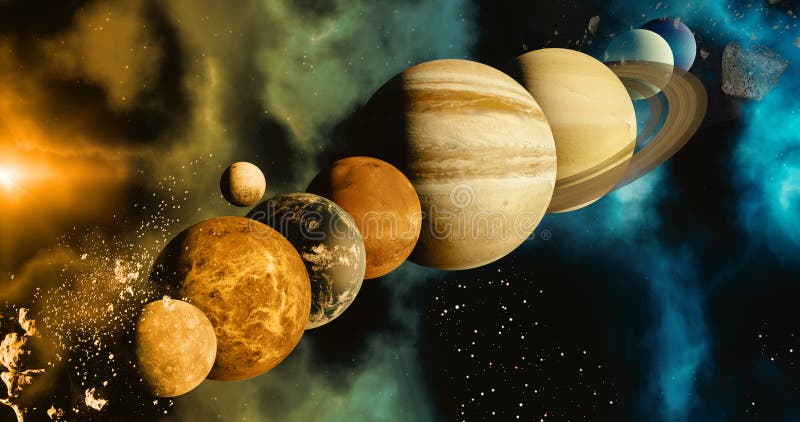 Układ Słoneczny planety pojęcie nad galaktycznym tłem, droga mleczna układ słoneczny Mercury, ziemia i księżyc, Wenus, Mars, ilustracji Układ Słoneczny planety pojęcie nad galaktycznym tłem, droga mleczna układ słoneczny Mercury, ziemia i księżyc, Wenus, Mars, ilustracji