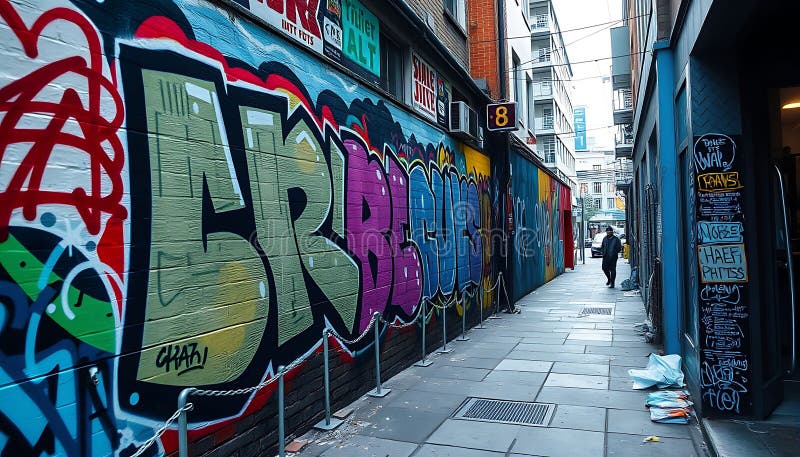 Ulica miejska z graffiti City Street scena Stock Photo Generative AI ilustracji