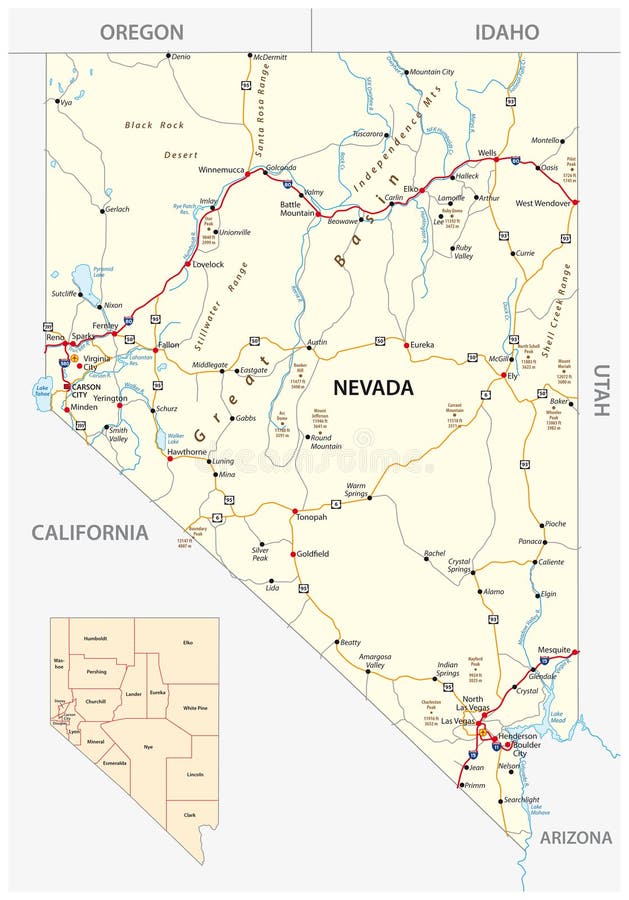 Nevada streets and administrative map with interstate US highways and main roads. Nevada streets and administrative map with interstate US highways and main roads.