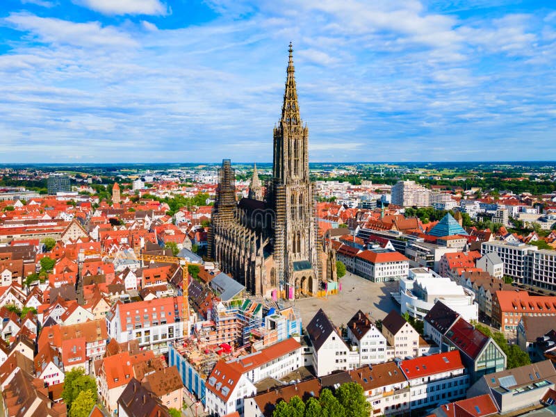 Ulm Minster or Ulmer Munster Cathedral aerial panoramic view, a Lutheran church located in Ulm, Germany. It is currently the tallest church in the world. Ulm Minster or Ulmer Munster Cathedral aerial panoramic view, a Lutheran church located in Ulm, Germany. It is currently the tallest church in the world