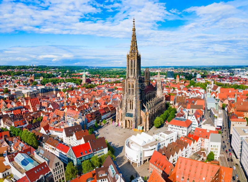 Ulm Minster or Ulmer Munster Cathedral aerial panoramic view, a Lutheran church located in Ulm, Germany. It is currently the tallest church in the world. Ulm Minster or Ulmer Munster Cathedral aerial panoramic view, a Lutheran church located in Ulm, Germany. It is currently the tallest church in the world