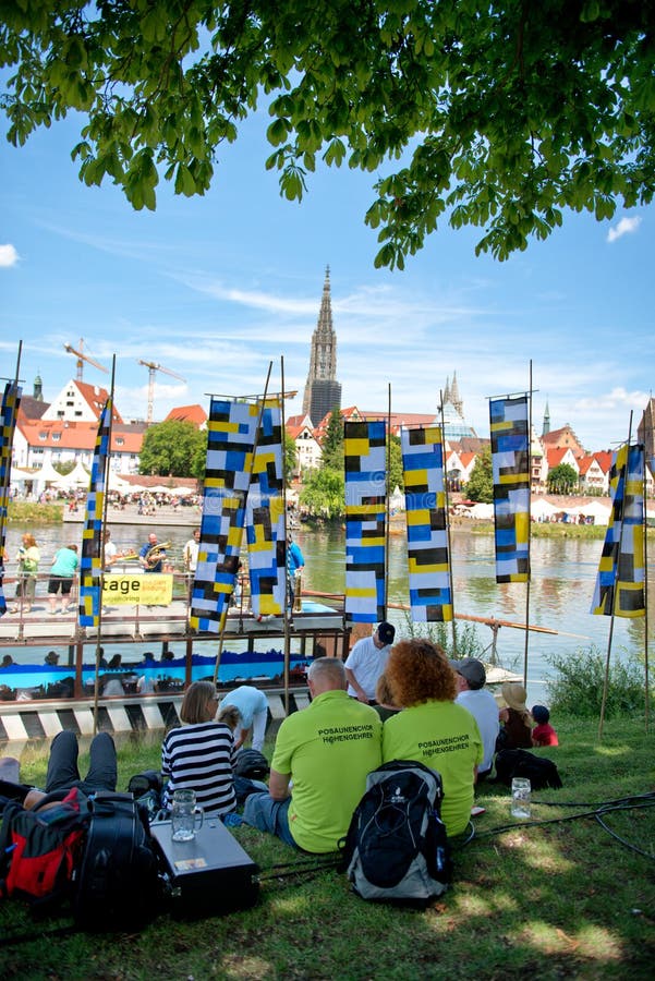 Ulm Munster and river danube during International Danube Festival. It celebrates the international Danube partnership and strengthens relations between the communities connected by the river Danube. Ulm Munster and river danube during International Danube Festival. It celebrates the international Danube partnership and strengthens relations between the communities connected by the river Danube