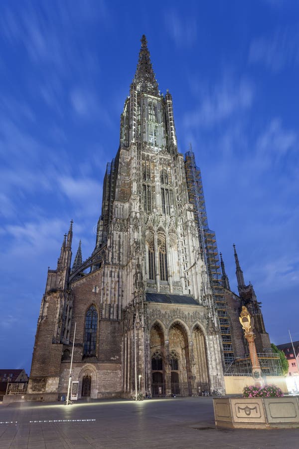 Ulm Munster cathedral church illuminated at night. Baden Wurtemberg, Germany. Ulm Munster cathedral church illuminated at night. Baden Wurtemberg, Germany