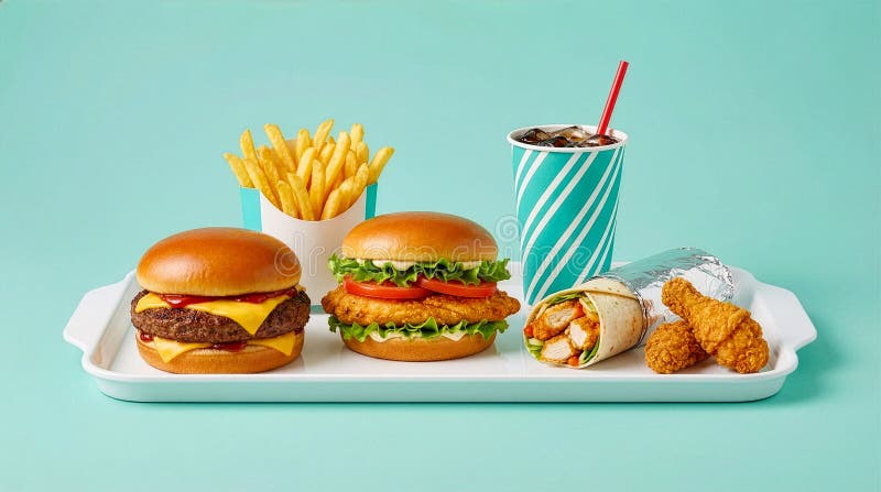 Ultimate Fast Food Spread on Teal Background vector illustration