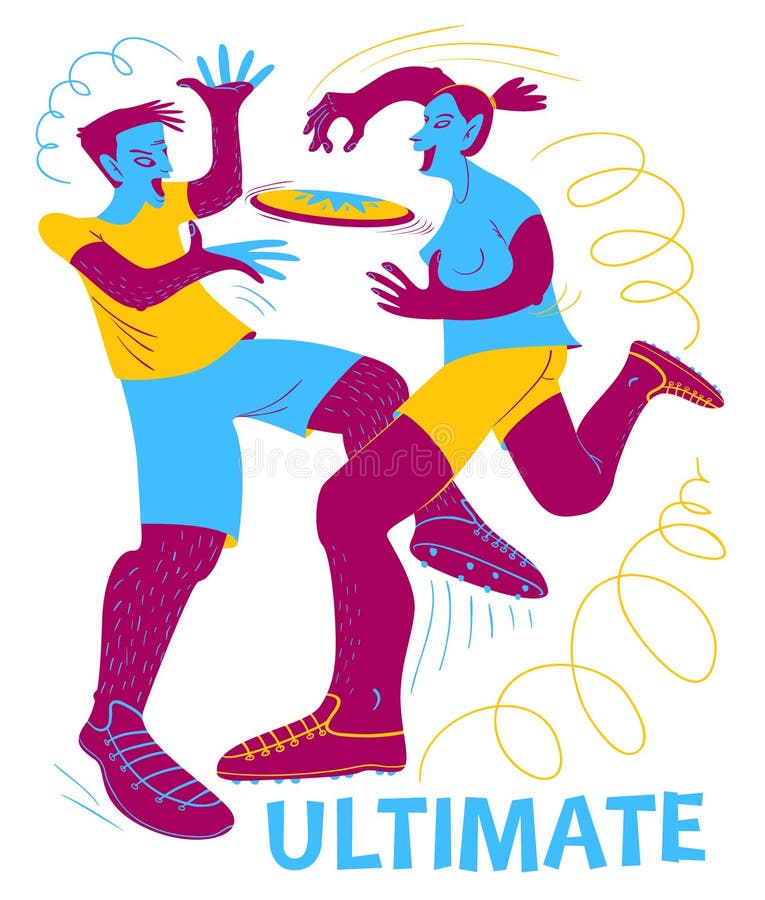 Ultimate frisbee players. Boy and girl catching flying disc. Sport competition. Flat funny style cute vector