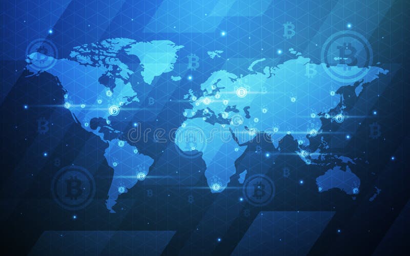 Ultra HD Bitcoin waluty Blockchain technologii Światowej mapy tła Abstrakcjonistyczna Crypto ilustracja Baza danych, sztuczna ilustracja wektor