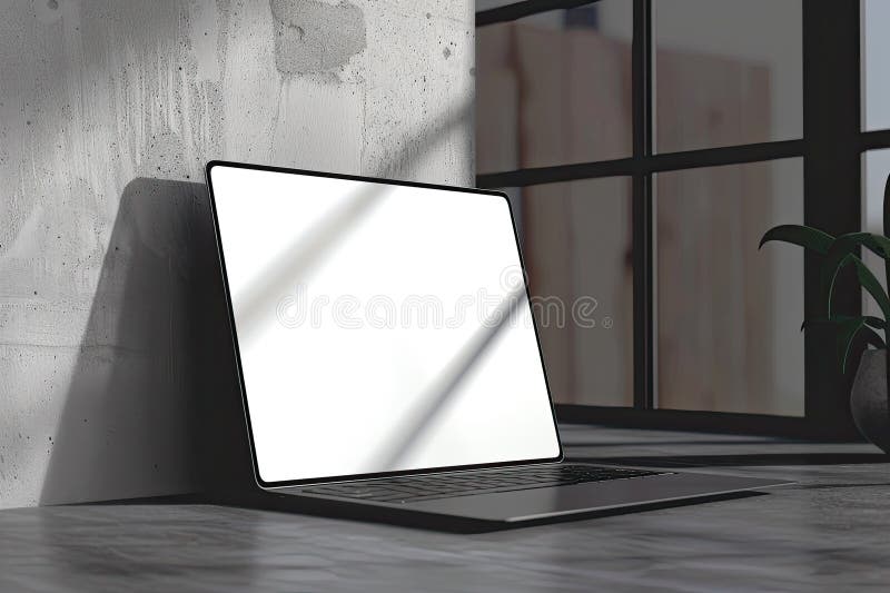 Laptop with a blank white screen positioned at an angle against a textured concrete wall. Natural light streams through a grid-patterned window, casting shadows on the screen and floor. To the side, a potted plant adds a touch of greenery. The setting appears minimalist and modern, emphasizing the sleek design of the laptop. Laptop side angle illustrations