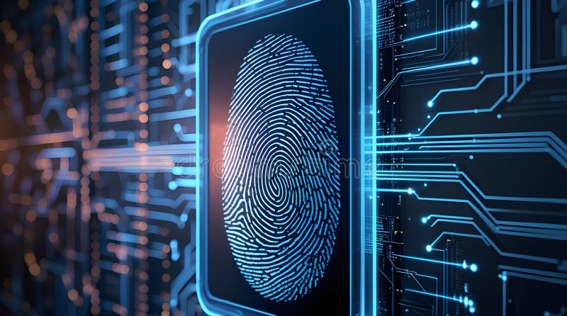 Futuristic Fingerprint Interface with Binary Patterns and Glowing Circuits – vector illustration.