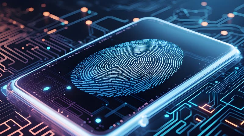 Hyper-Realistic Fingerprint Scan on Digital Cybersecurity Screen – vector illustration.