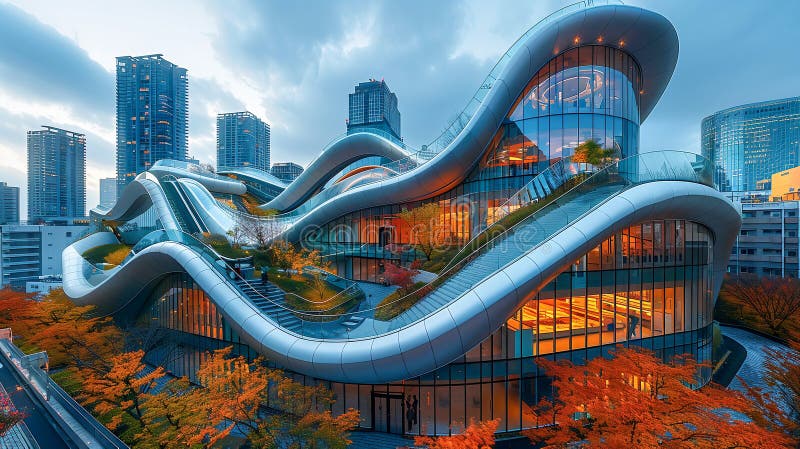 Ultra-modern cityscape where gravity-defying buildings twist in surreal formations - floating staircases, inverted stock photography