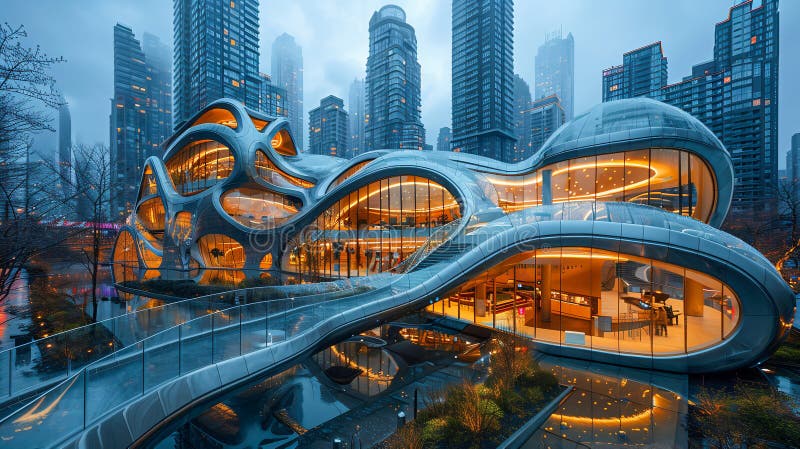 Ultra-modern cityscape where gravity-defying buildings twist in surreal formations - floating staircases, inverted stock images