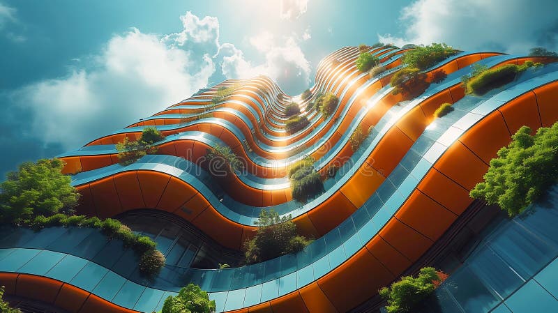Ultra-modern cityscape where gravity-defying buildings twist in surreal formations - floating staircases, inverted royalty free stock photography