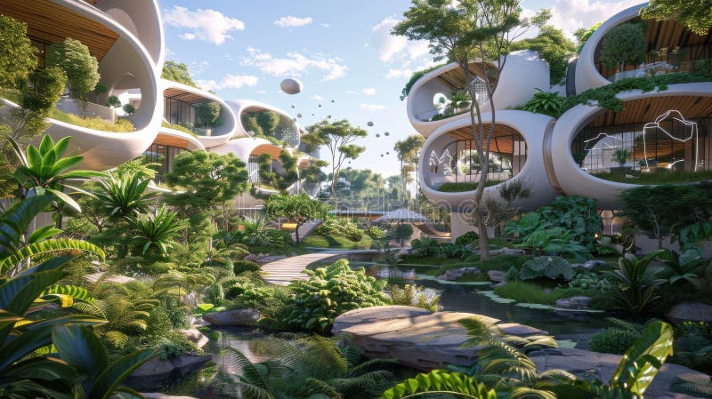 Ultra-modern, sustainable architecture design with curved structures surrounded by rich tropical greenery, stock illustration.