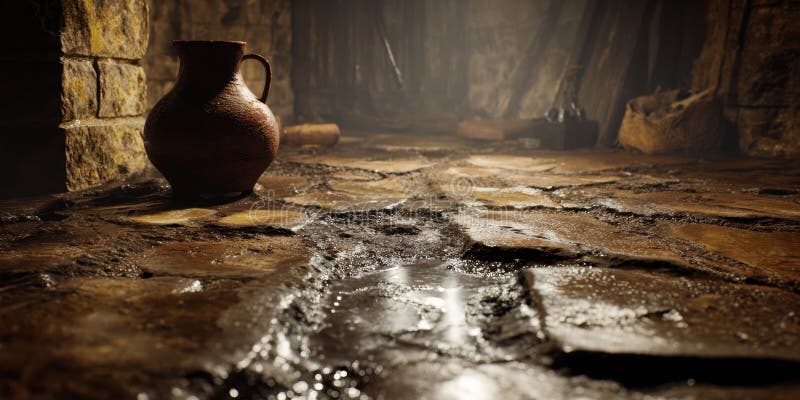 Ultra realistic medieval dungeon interior with damp stone floor and clay jug royalty free illustration