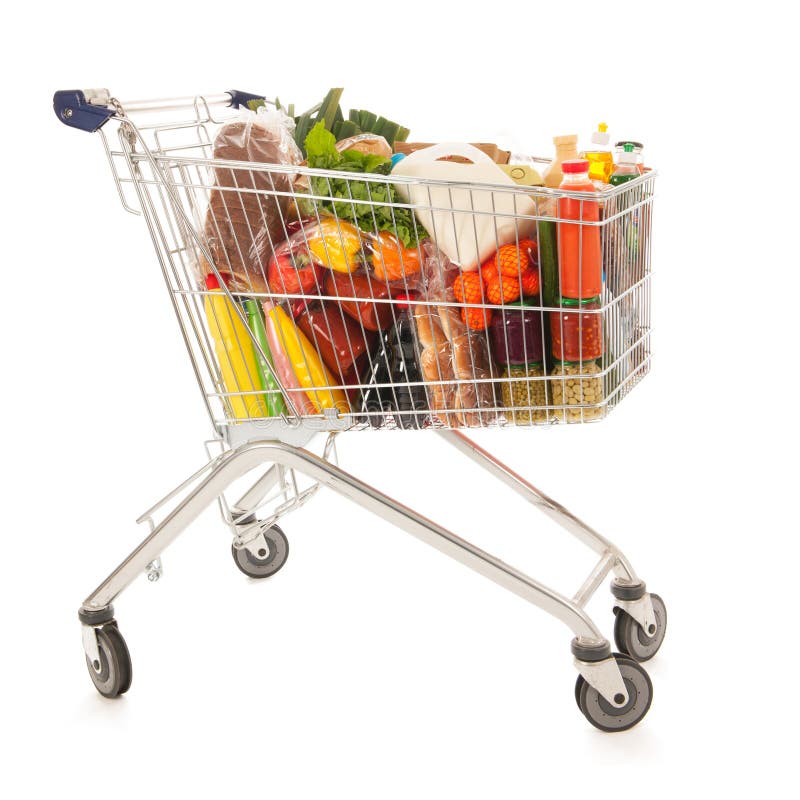 Shopping cart full with dairy grocery products isolated over white background. Shopping cart full with dairy grocery products isolated over white background