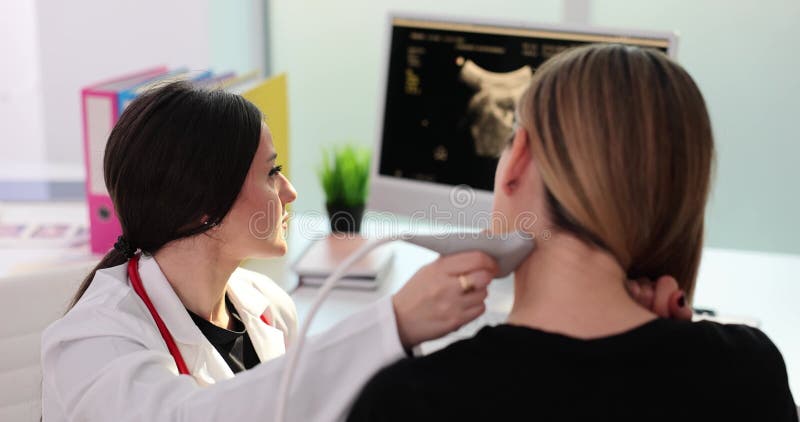 Ultrasound Neck Doctor Patient Woman Diagnosing Thyroid Gland Stock