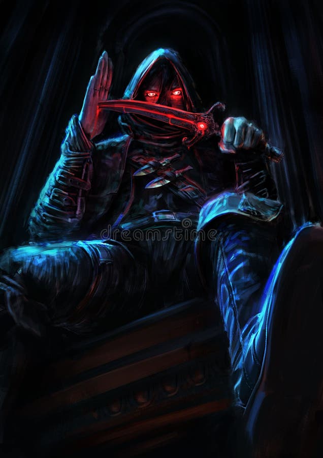 Um assassino com um punhal sentado em cima de um edifício gótico à luz da lua, é um vampiro encapuzado a perfurar o seu podão