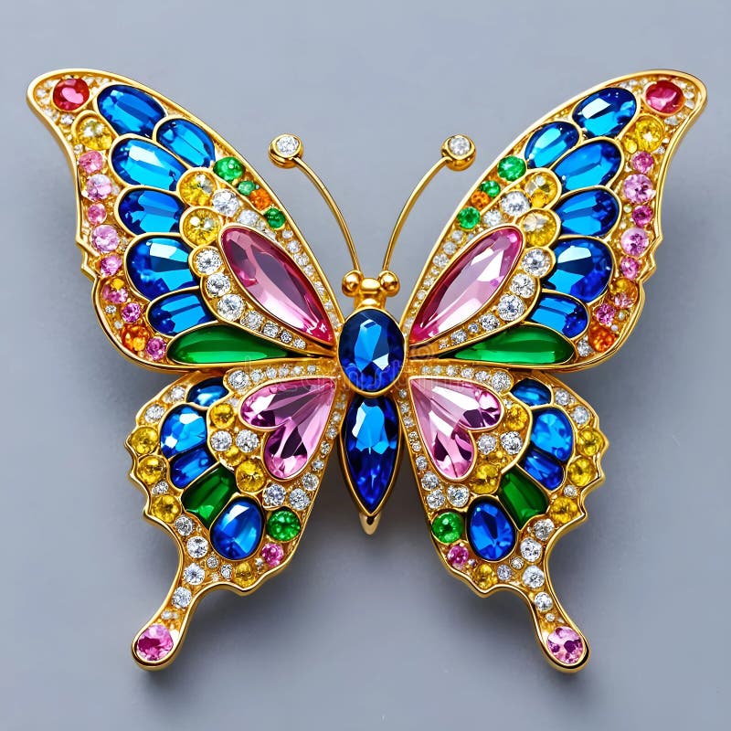 Um broche em forma de borboleta com gemas azuis e amarelas deslumbrantes. ilustração do vetor