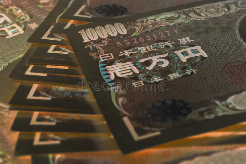 A field of 10000 yen Japanese bills close up. Dark illustration with inverted colors and increased contrast. A bundle of notes. Bribes, corruption and money laundering. Brown and yellow tones. Macro. A field of 10000 yen Japanese bills close up. Dark illustration with inverted colors and increased contrast. A bundle of notes. Bribes, corruption and money laundering. Brown and yellow tones. Macro