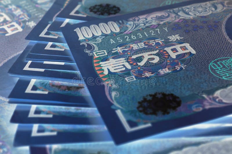 A field of 10000 yen Japanese notes close-up. Dark illustration with inverted colors and increased contrast. A bundle of bills. Banks, finance and the economy of Japan. Blue and white tones. Macro. A field of 10000 yen Japanese notes close-up. Dark illustration with inverted colors and increased contrast. A bundle of bills. Banks, finance and the economy of Japan. Blue and white tones. Macro