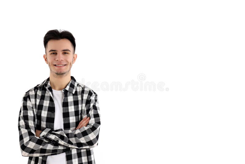 Um cara atraente na camisa em fundo branco fotos de stock
