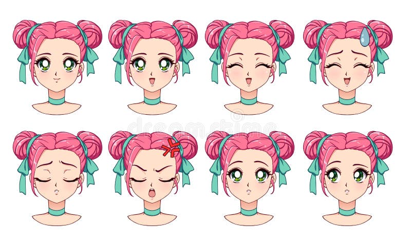 Um conjunto de animas bonitas com diferentes expressões. cabelo cor-de-rosa grandes olhos verdes.