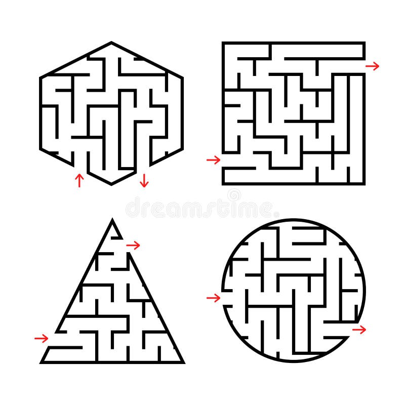A set of labyrinths for children. A square, a circle, a hexagon, a triangle. Simple flat vector illustration isolated on white background. A set of labyrinths for children. A square, a circle, a hexagon, a triangle. Simple flat vector illustration isolated on white background