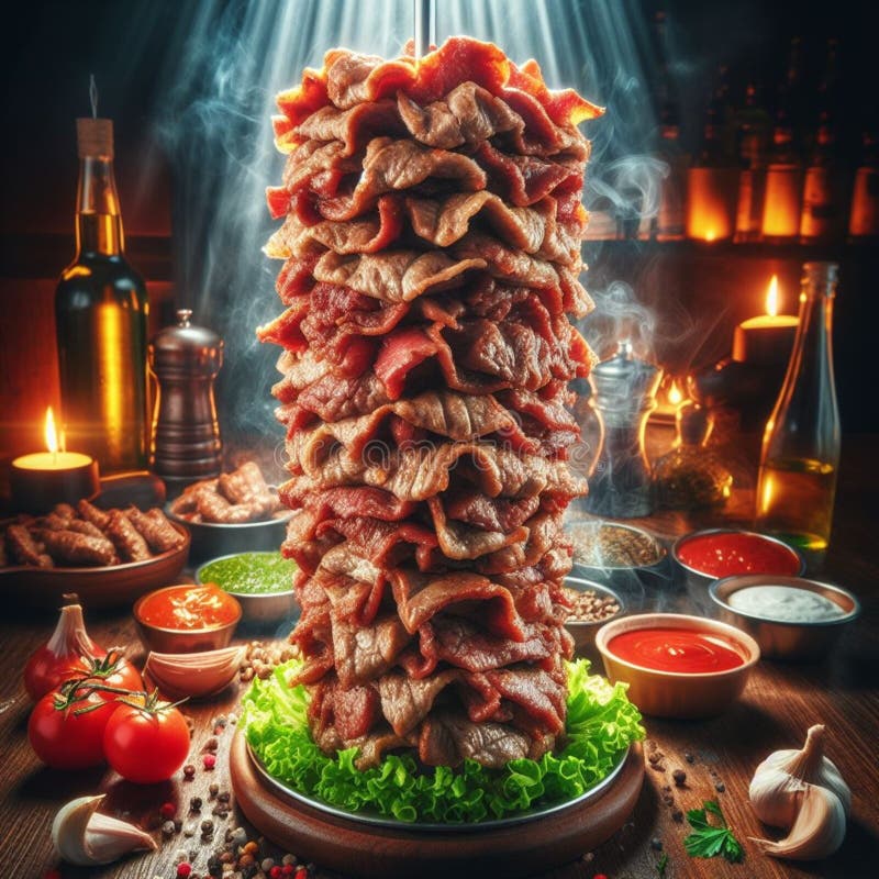 Um delicioso sabor arábico de torre de shawarma kebab 1001 noite ilustração stock