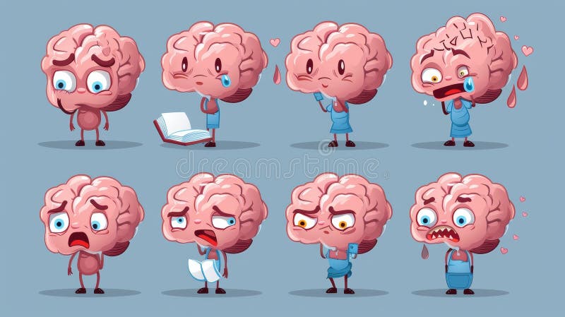 An illustrated cartoon of a human brain character displaying different emotions, including exercising, reading a book, smiling, crying, being surprised, angry, insane, smart, and stupid.. AI generated. An illustrated cartoon of a human brain character displaying different emotions, including exercising, reading a book, smiling, crying, being surprised, angry, insane, smart, and stupid.. AI generated