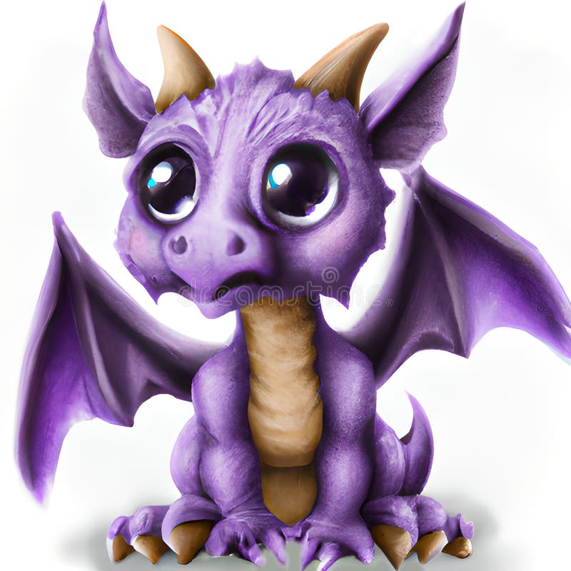 Um dragão roxo com um menino olhando para ele.