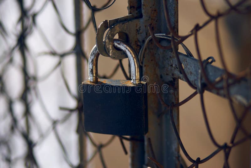 Um fechamento exausto que cobre uma porta oxidada velha com uma malha do metal foto de stock royalty free Um fechamento exausto que cobre uma porta oxidada velha com uma malha do metal foto de stock royalty free