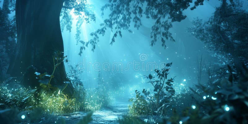 Um fundo tridimensional fantástico que retrata uma floresta brilhante encantada com plantas bioluminescentes e foto de stock royalty free