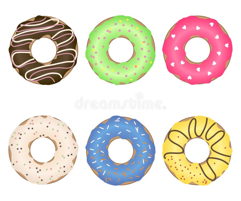 Um grupo de anéis de espuma deliciosos coloridos com polvilhar diferente e o esmalte Vetor ilustração stock Um grupo de anéis de espuma deliciosos coloridos com polvilhar diferente e o esmalte Vetor ilustração stock