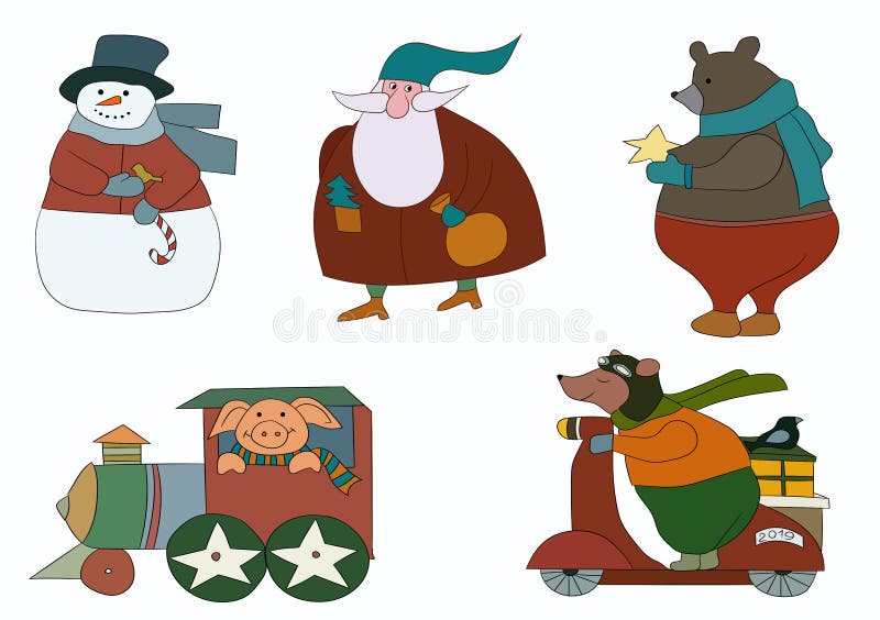 Um grupo de caráteres do inverno pelos 2019 anos novos O grupo inclui um porco no trem, em Santa Claus, em ursos e em um boneco d ilustração do vetor Um grupo de caráteres do inverno pelos 2019 anos novos O grupo inclui um porco no trem, em Santa Claus, em ursos e em um boneco d ilustração do vetor