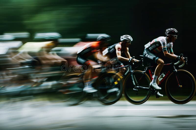 a group of professional cyclists racing in the Tour de France on an outdoor track. The motion blur and high speed photography create a blurry background, with a dark green and grey color scheme. a group of professional cyclists racing in the Tour de France on an outdoor track. The motion blur and high speed photography create a blurry background, with a dark green and grey color scheme.