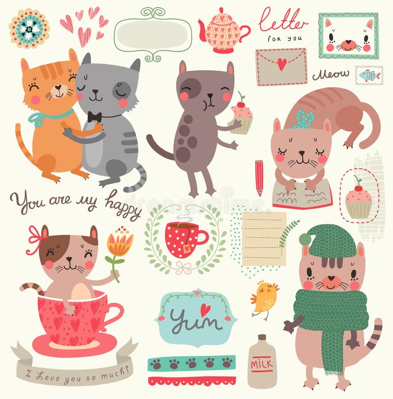 Um grupo de ilustrações com gatos bonitos ilustração royalty free Um grupo de ilustrações com gatos bonitos ilustração royalty free