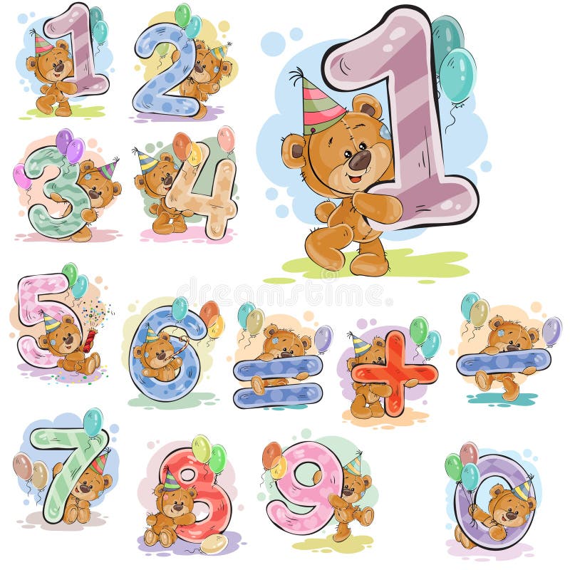 Um grupo de ilustrações do vetor com um urso de peluche marrom e numerais e símbolos matemáticos ilustração stock Um grupo de ilustrações do vetor com um urso de peluche marrom e numerais e símbolos matemáticos ilustração stock