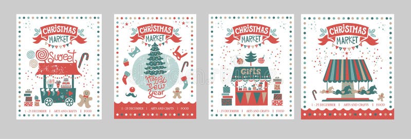 Um grupo de mercado do Natal dos cartazes ou dos cartão, ano novo feliz ilustração royalty free Um grupo de mercado do Natal dos cartazes ou dos cartão, ano novo feliz ilustração royalty free