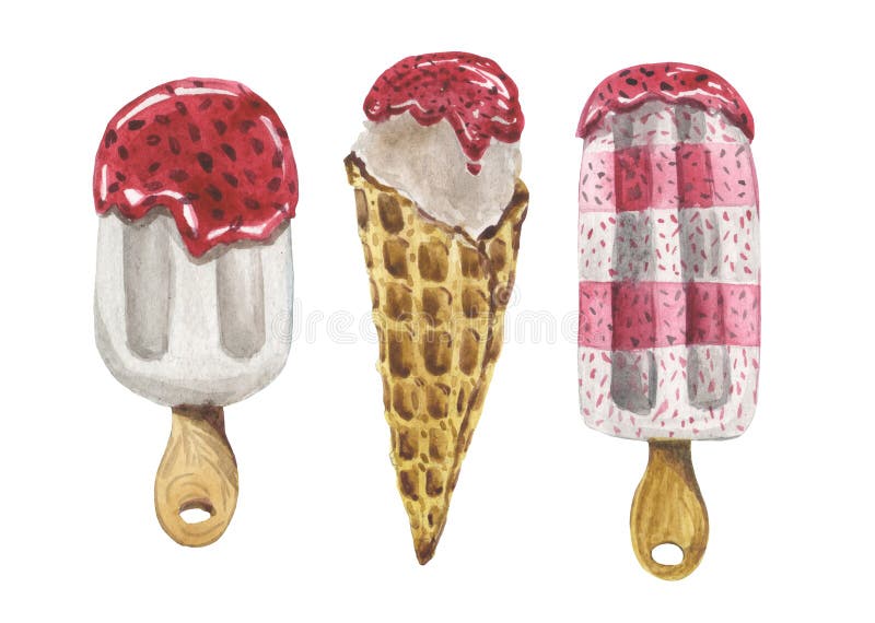 Um grupo de tr?s servi?os do gelado, dois em uma vara e um em um cone do waffle com doce de framboesa ilustração do vetor Um grupo de tr?s servi?os do gelado, dois em uma vara e um em um cone do waffle com doce de framboesa ilustração do vetor
