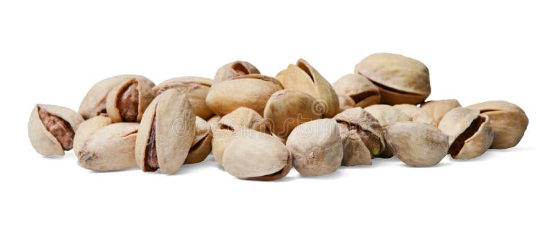 Um grupo dos pistaches dispersados em uma maneira ca?tica em um fundo isolado branco fotos de stock Um grupo dos pistaches dispersados em uma maneira ca?tica em um fundo isolado branco fotos de stock