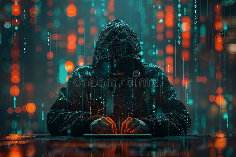 A hacker in a hoodie with a faceless mask sitting at a table and working on a laptop, against a digital dark background with code and binary numbers. Concept of a hacker working. Generative AI. A hacker in a hoodie with a faceless mask sitting at a table and working on a laptop, against a digital dark background with code and binary numbers. Concept of a hacker working. Generative AI.